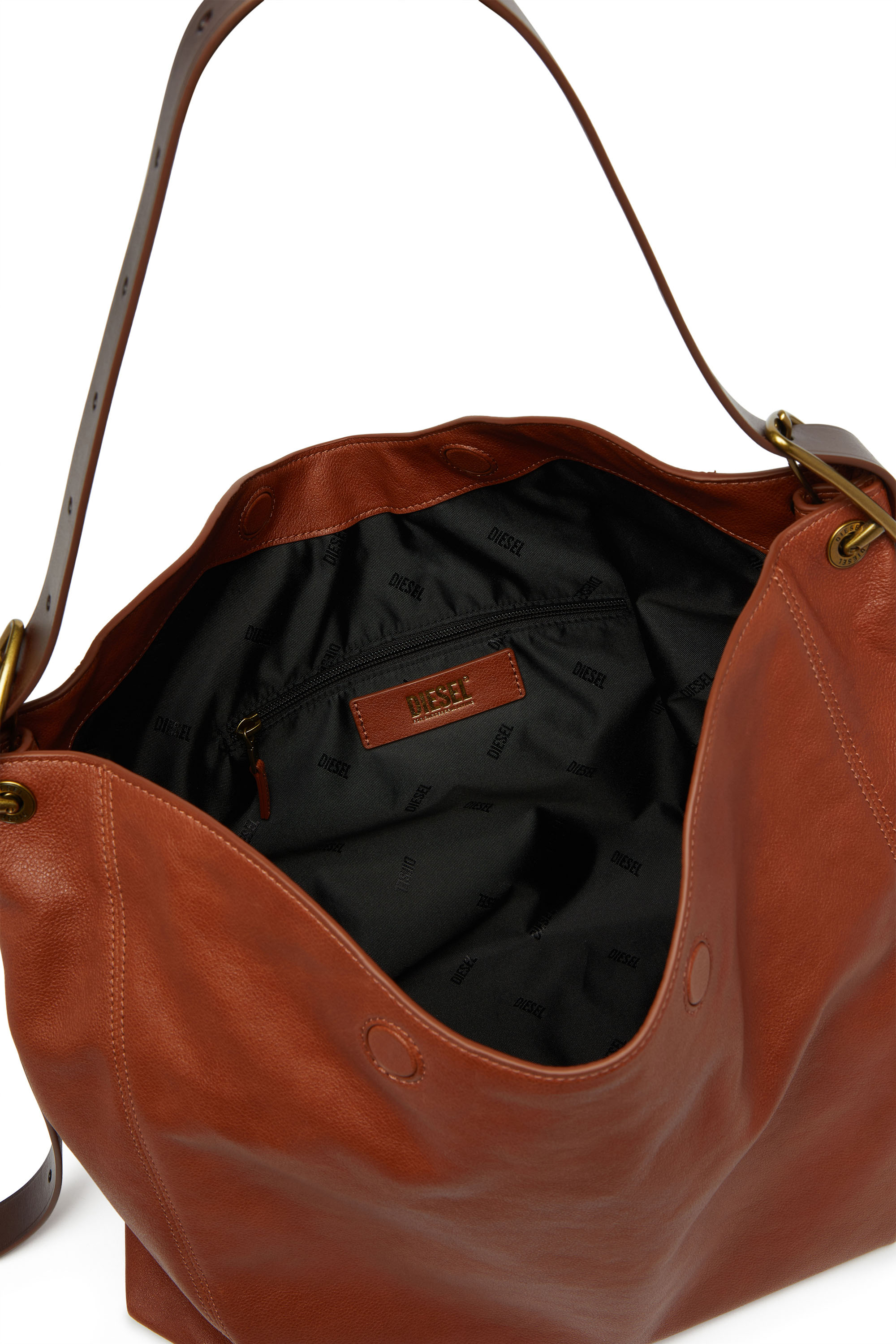 Diesel - D-LINE HOBO L, Woman's D-Line-Hobo bag in shiny wrinkled leather in Brown - 4