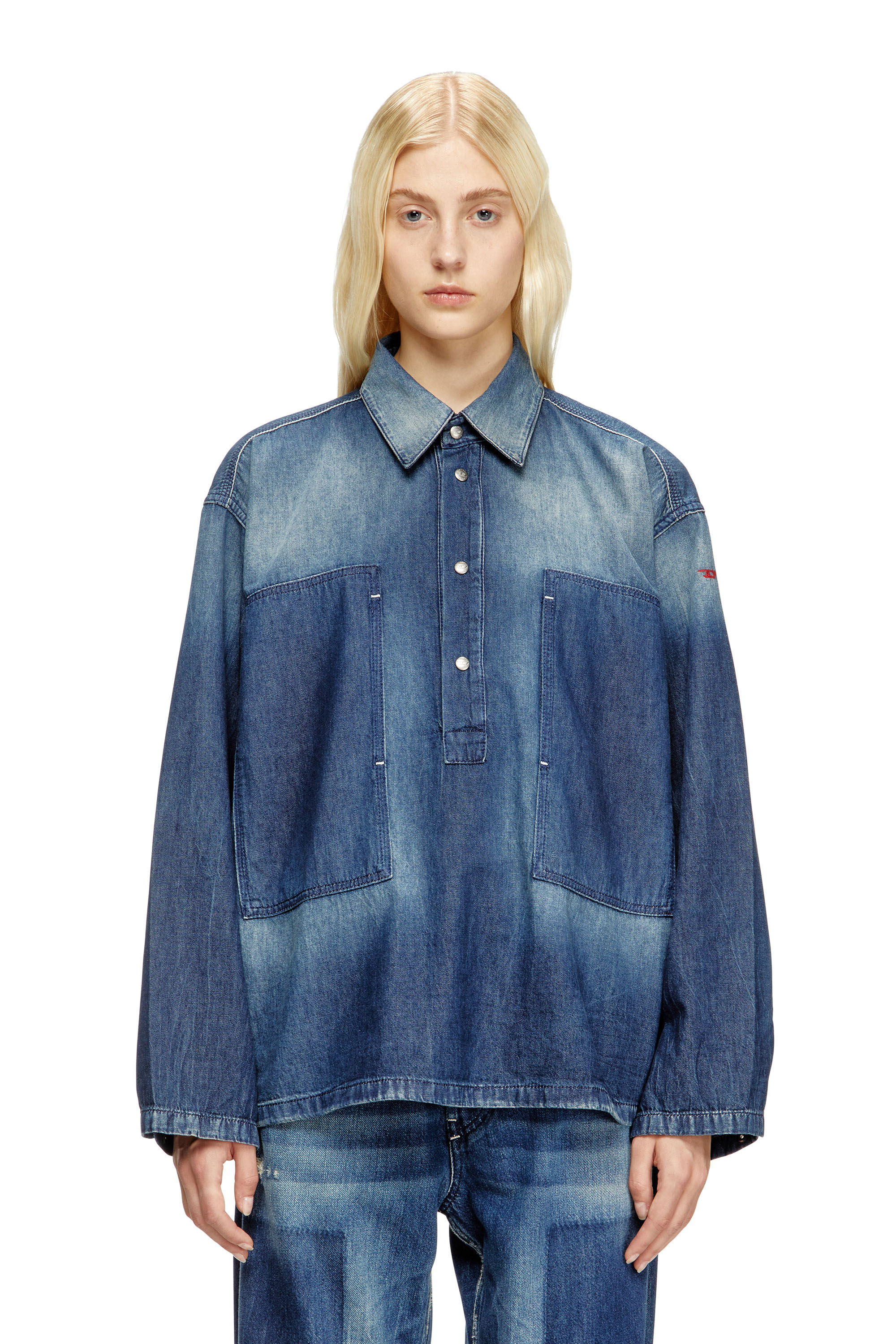 DE-PRISS, Medium blue Diesel - DE-PRISS, Woman's Henley top in contrast-effect denim in Medium blue - 3