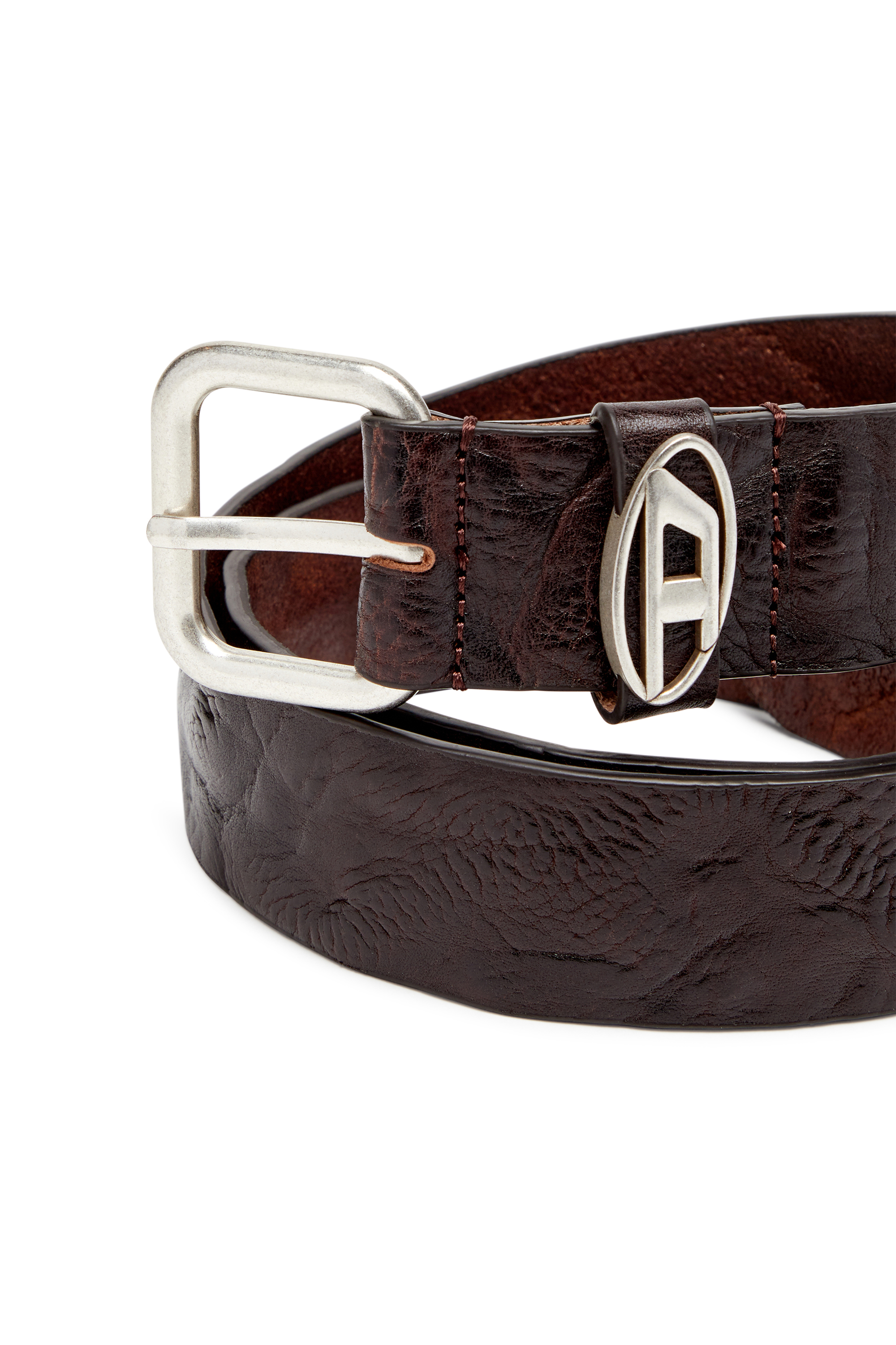 Diesel - B-1DR OVAL D LOOP, Unisex's Logo-plaque wrinkled leather belt in Dark Brown - 3